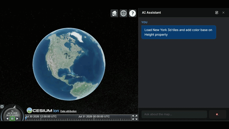 Generated CesiumJS code adding 3D buildings and flying the camera over New York City