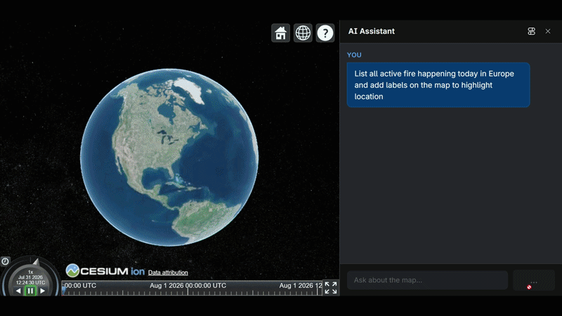 Chat panel flying the CesiumJS camera to Palm Jumeirah in Dubai