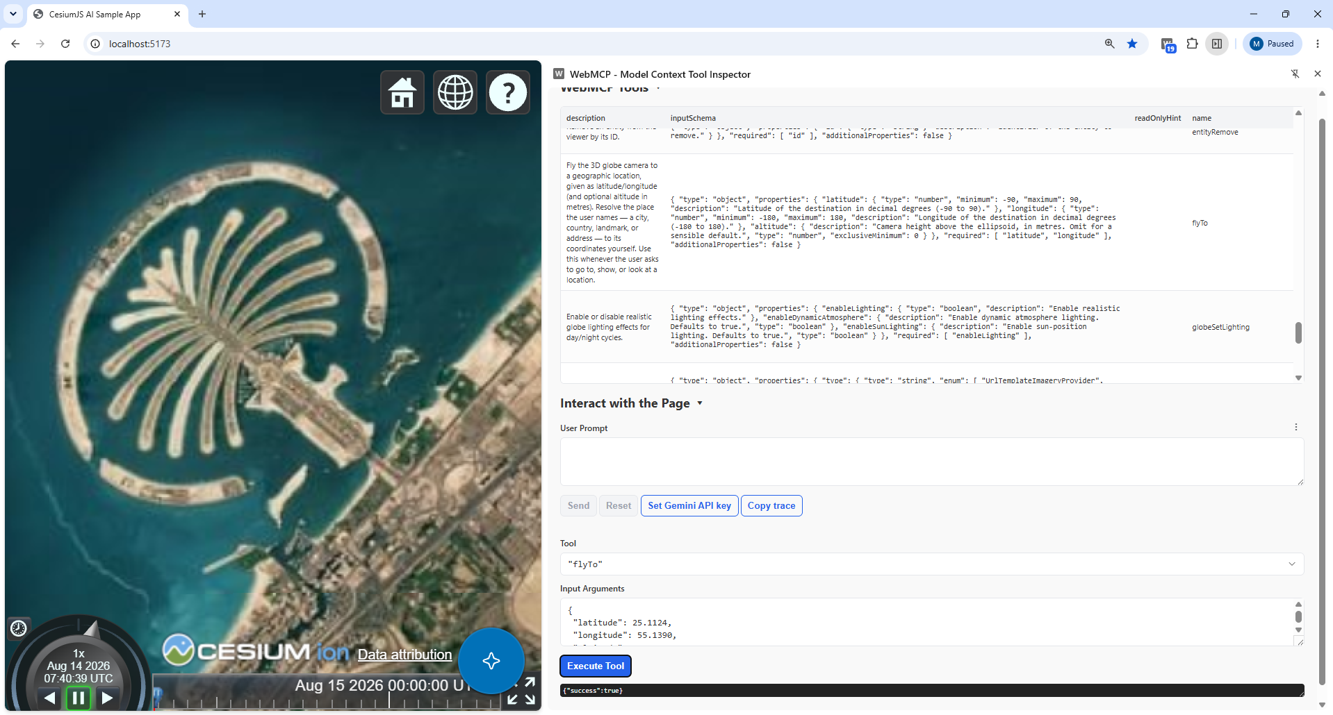 Model Context Tool Inspector listing this app's registered WebMCP tools and executing flyTo against the live Viewer